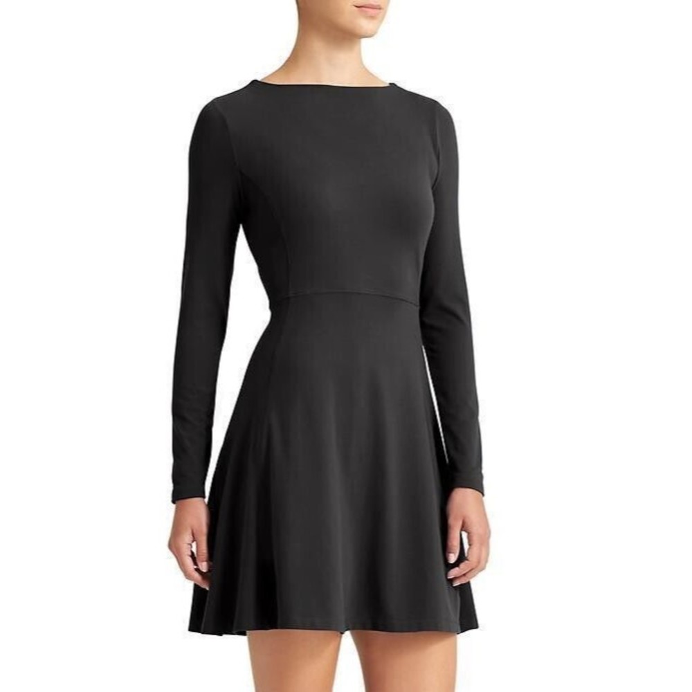ATHLETA Cozy Up Dress M Black Long Sleeve Fit Flare Mini Stretch Knit EUC B55